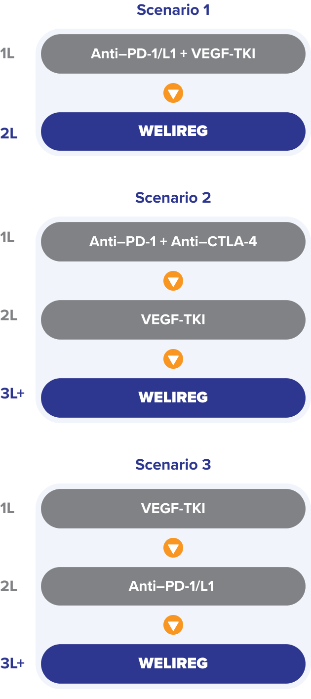 Select Hypothetical Treatment Scenarios for WELIREG™️ (belzutifan) for Patients With Advanced RCC Following Progression With Both PD-1/L1 and VEGF-TKI Therapies, in Sequence or in Combination